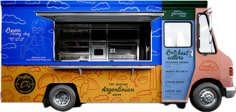 Food truck de Crafted, azul y amarillo, con ilustraciones de la marca