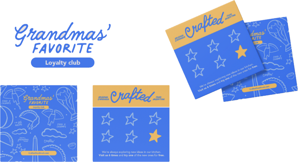 Tarjeta de fidelidad de Crafted, Grandmas' Favorite Loyalty Club, en azul y amarillo