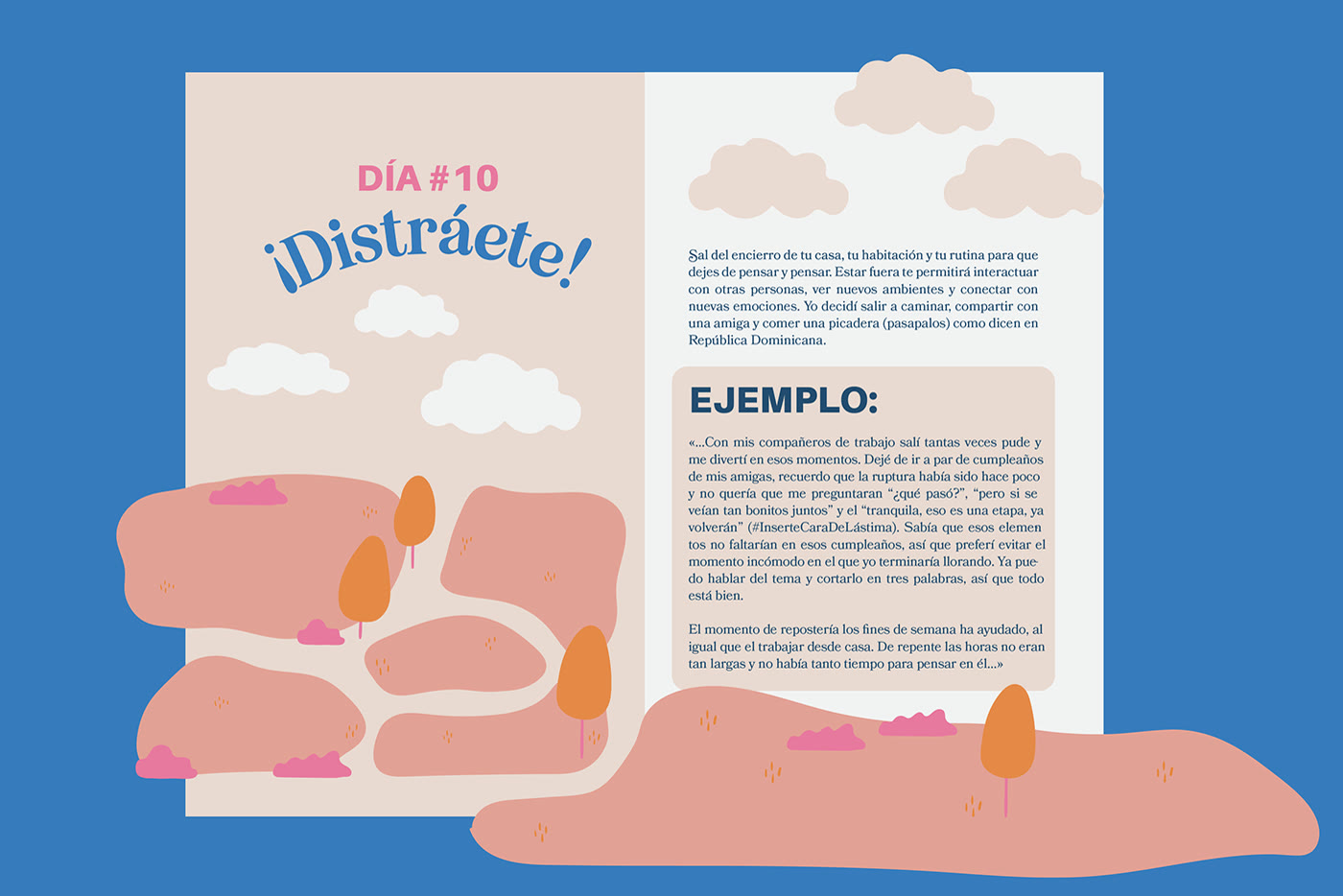 Página interior del libro, Día 10: Distráete, con ilustraciones de nubes y un camino