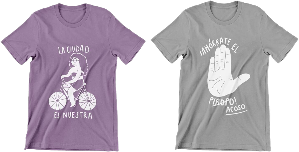 Dos camisetas del festival: una morada y una gris, con ilustraciones en blanco