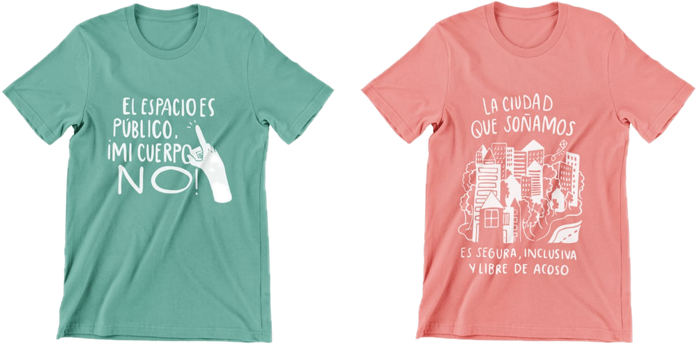 Dos camisetas del festival: una verde y una coral, con ilustraciones en blanco